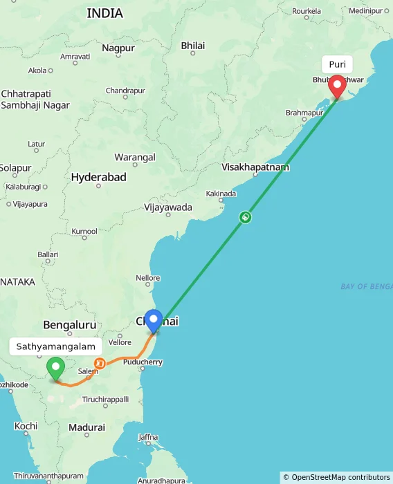 Route map showing distance and travel time from Sathyamangalam, India to Puri, India