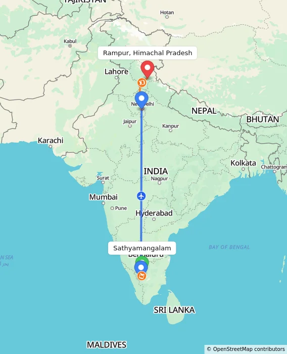 Route map showing distance and travel time from Sathyamangalam, India to Rampur, Himachal Pradesh, India