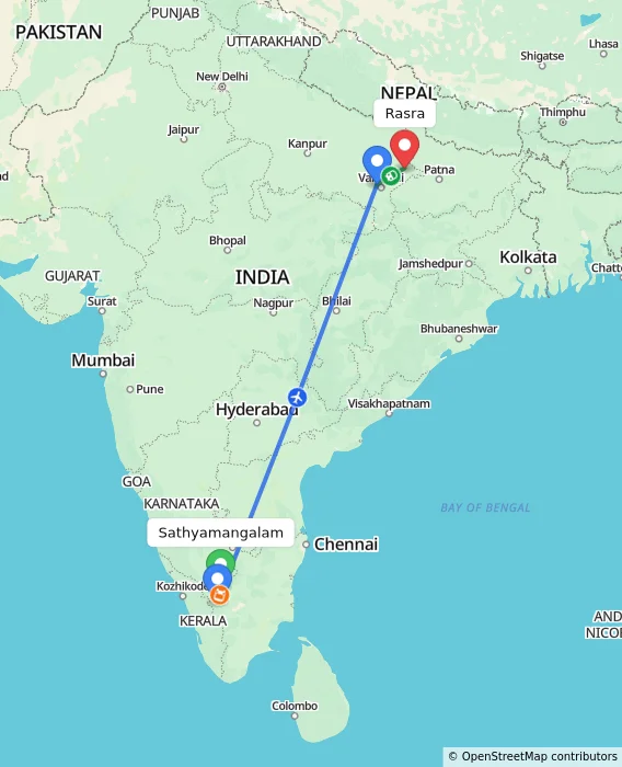 Route map showing distance and travel time from Sathyamangalam, India to Rasra, India