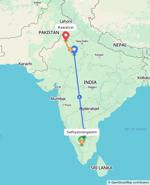 Route map showing distance and travel time from Sathyamangalam, India to Rawatsar, India