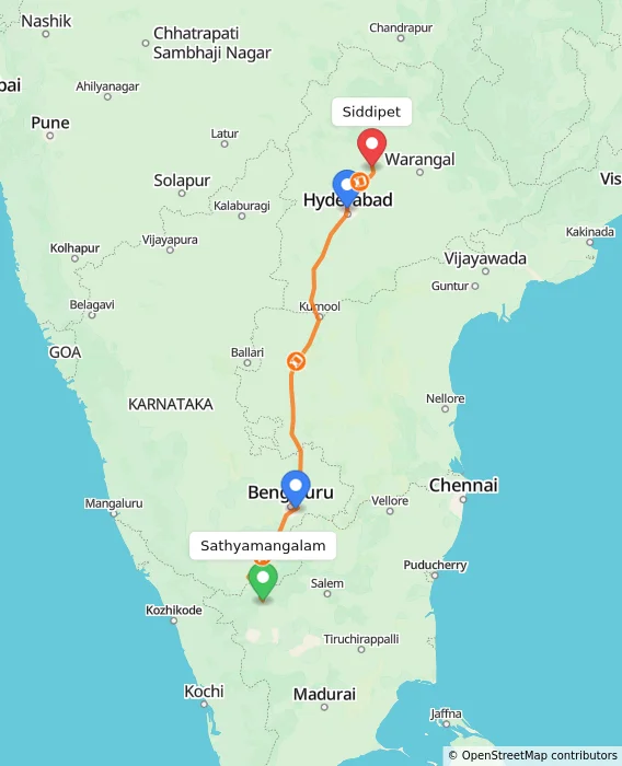 Route map showing distance and travel time from Sathyamangalam, India to Siddipet, India