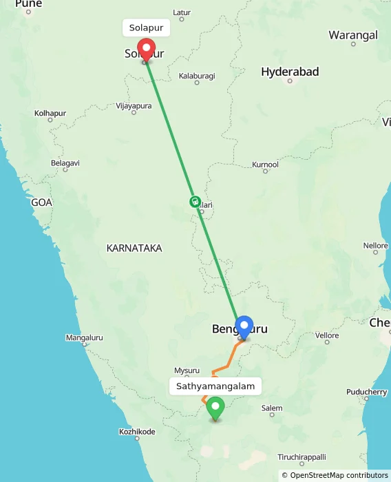 Route map showing distance and travel time from Sathyamangalam, India to Solapur, India