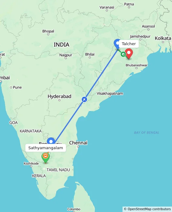 Route map showing distance and travel time from Sathyamangalam, India to Talcher, India