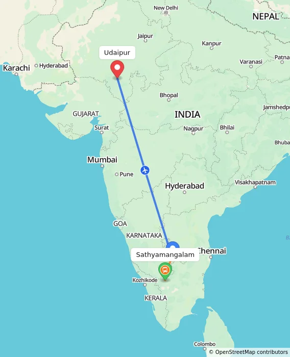 Route map showing distance and travel time from Sathyamangalam, India to Udaipur, India