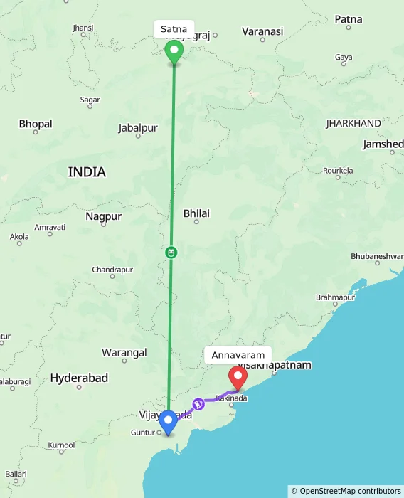 Route map showing distance and travel time from Satna, India to Annavaram, India
