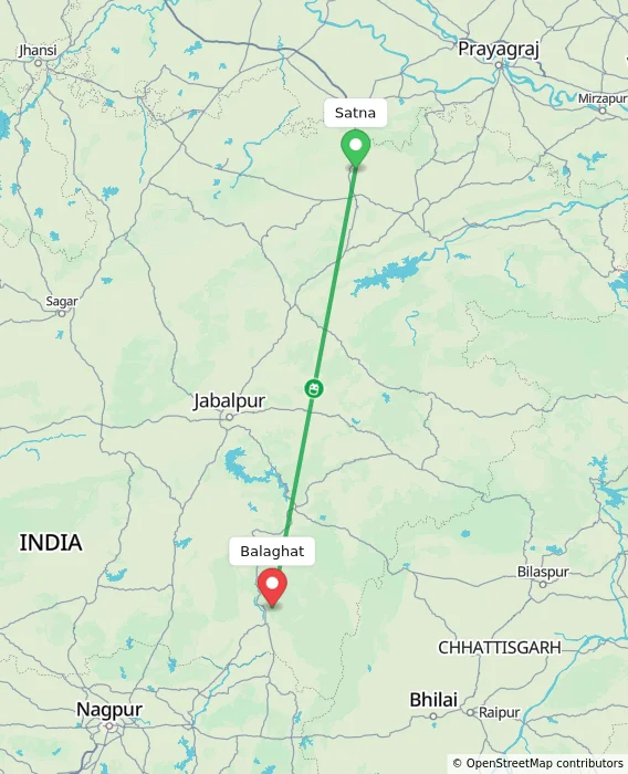 Route map showing distance and travel time from Satna, India to Balaghat, India