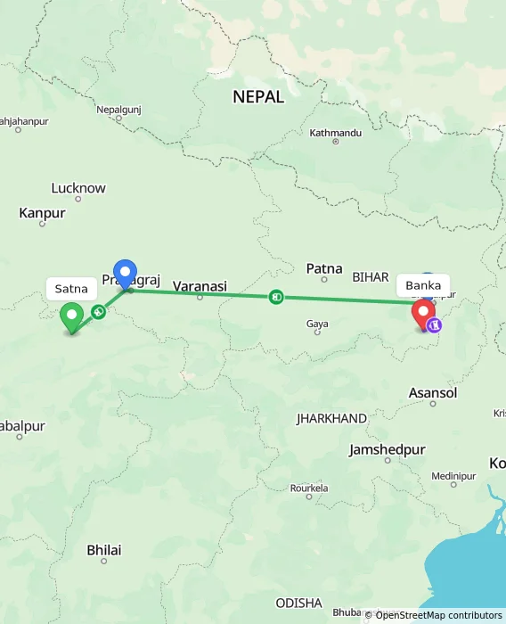 Route map showing distance and travel time from Satna, India to Banka, India