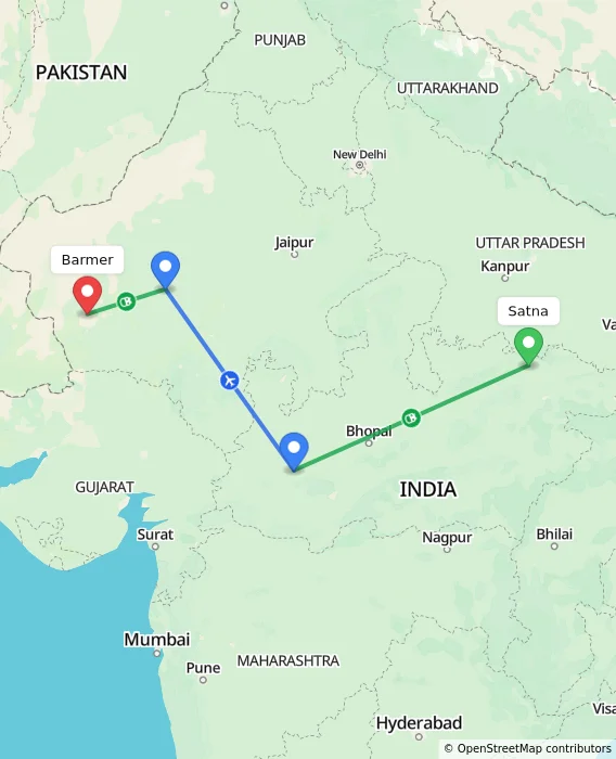 Route map showing distance and travel time from Satna, India to Barmer, India