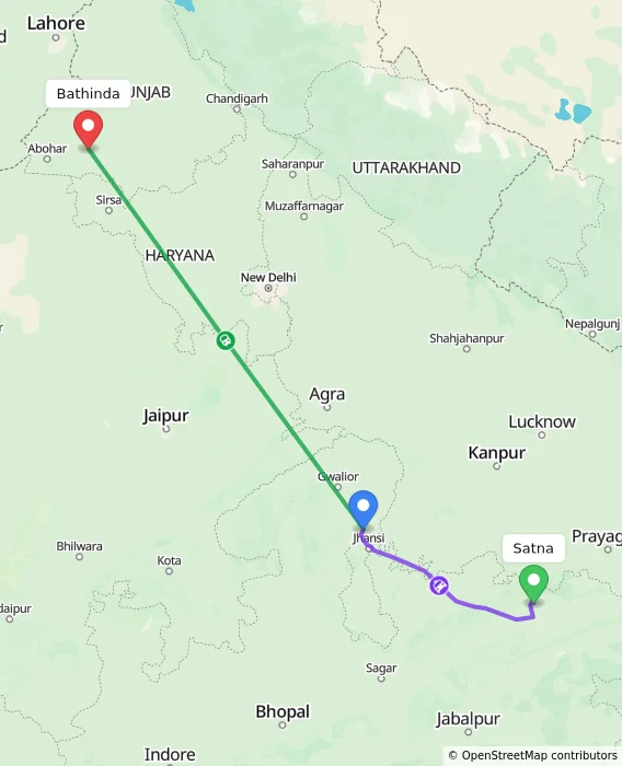Route map showing distance and travel time from Satna, India to Bathinda, India