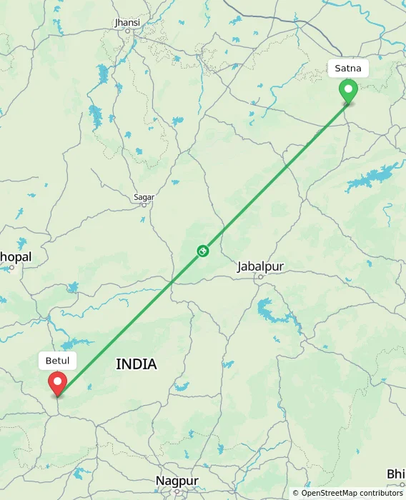 Route map showing distance and travel time from Satna, India to Betul, India