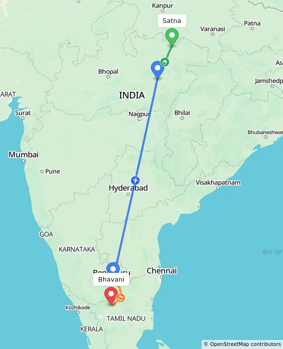 Route map showing distance and travel time from Satna, India to Bhavani, India