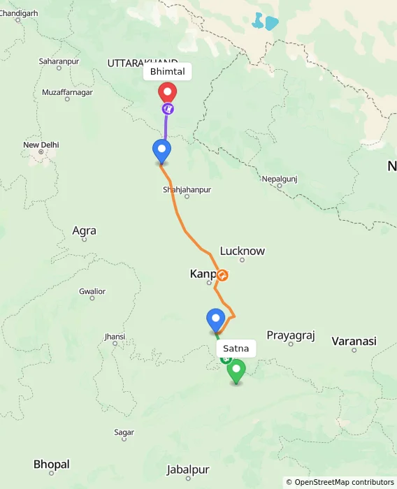 Route map showing distance and travel time from Satna, India to Bhimtal, India