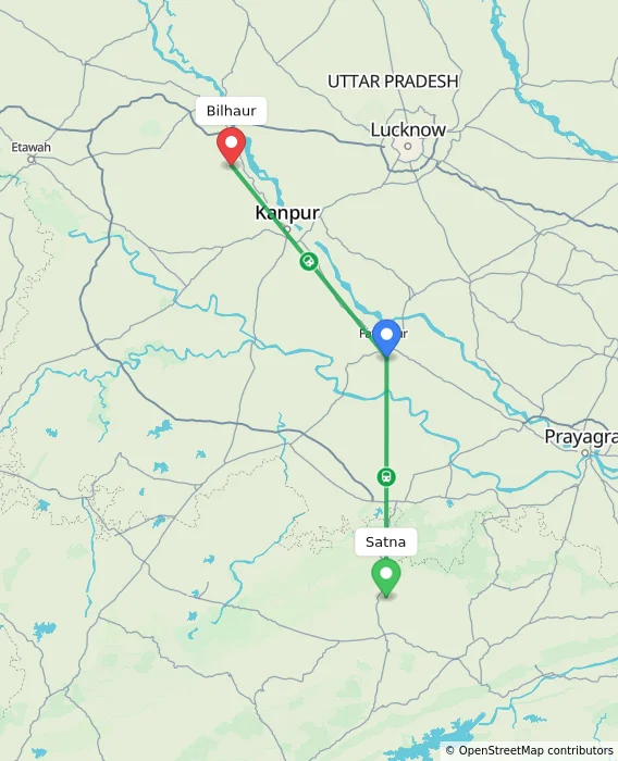 Route map showing distance and travel time from Satna, India to Bilhaur, India