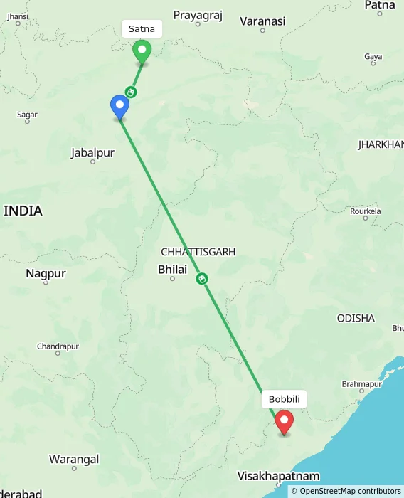 Route map showing distance and travel time from Satna, India to Bobbili, India