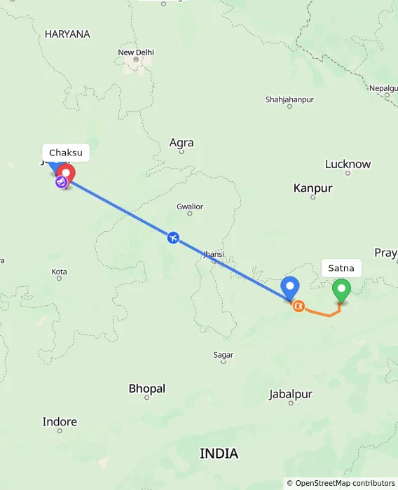 Route map showing distance and travel time from Satna, India to Chaksu, India