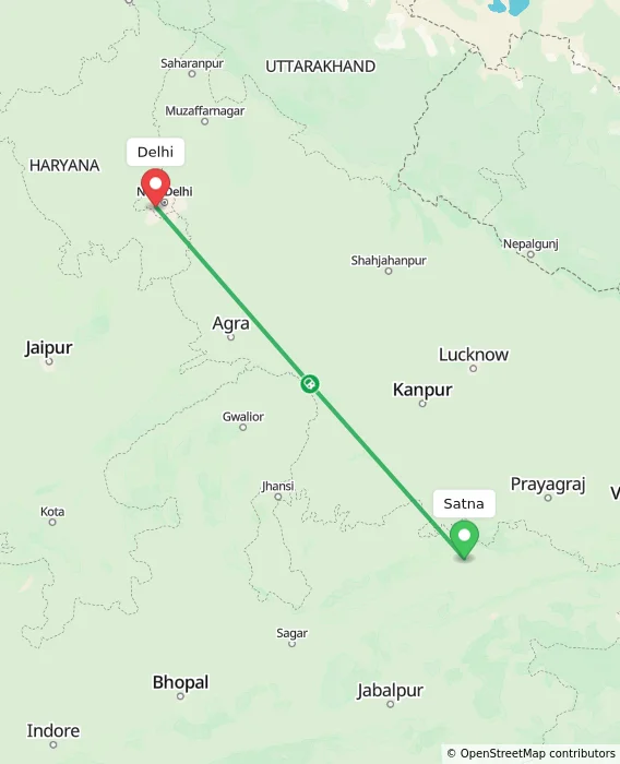 Route map showing distance and travel time from Satna, India to Delhi, India
