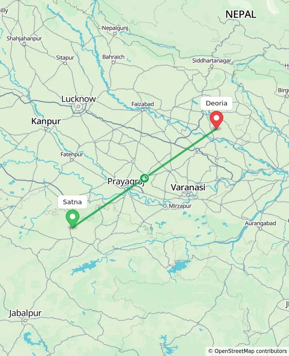 Route map showing distance and travel time from Satna, India to Deoria, India