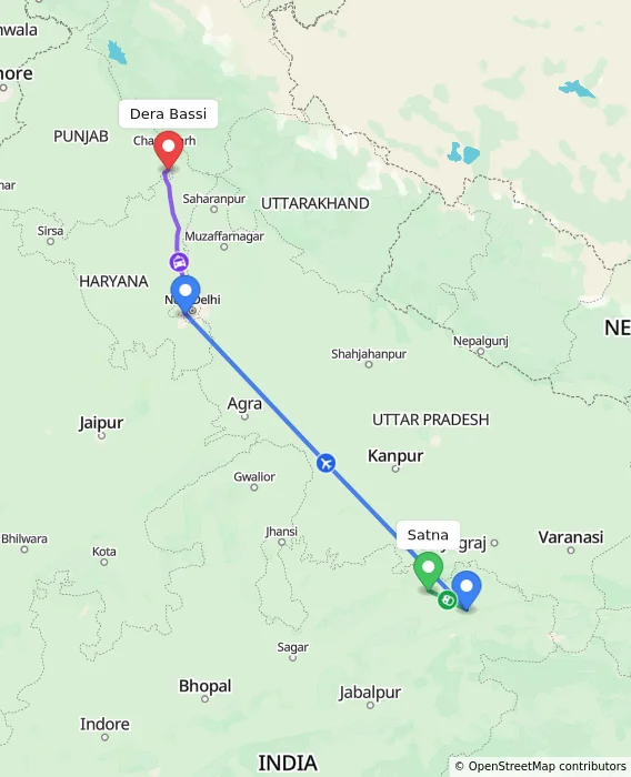 Route map showing distance and travel time from Satna, India to Dera Bassi, India