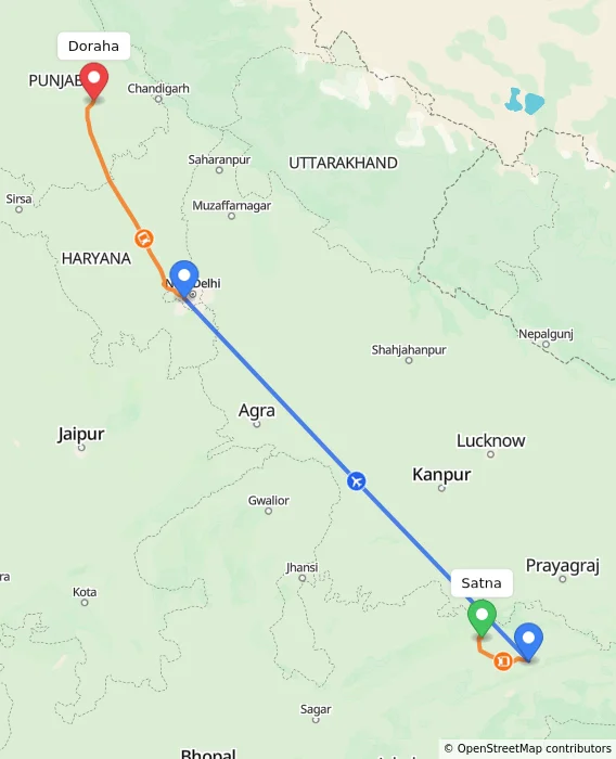 Route map showing distance and travel time from Satna, India to Doraha, India