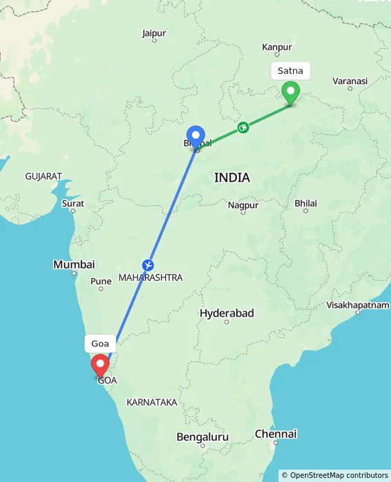 Route map showing distance and travel time from Satna, India to Goa, India