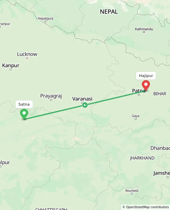 Route map showing distance and travel time from Satna, India to Hajipur, India