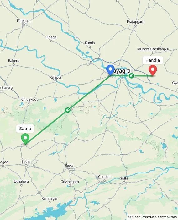 Route map showing distance and travel time from Satna, India to Handia, India