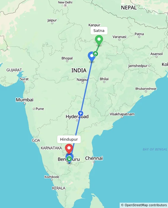 Route map showing distance and travel time from Satna, India to Hindupur, India