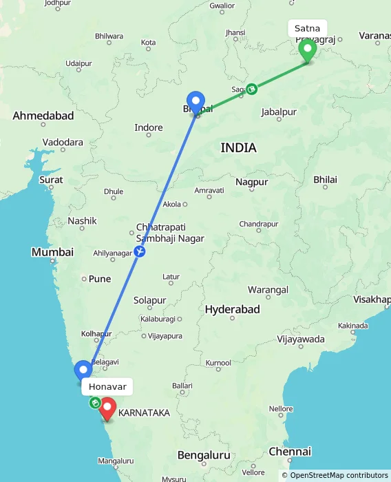 Route map showing distance and travel time from Satna, India to Honavar, India