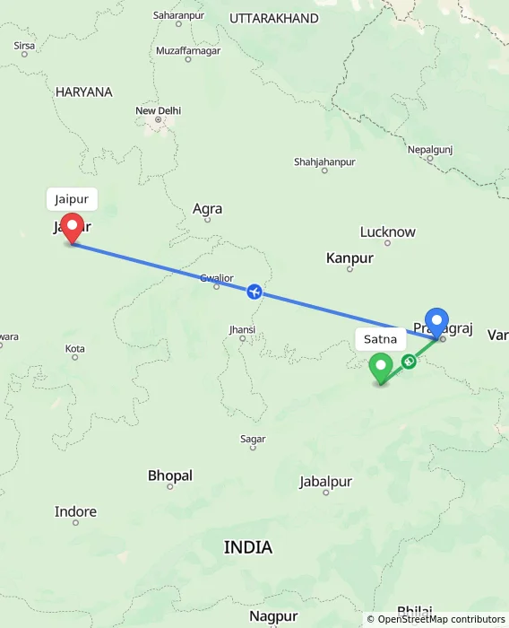 Route map showing distance and travel time from Satna, India to Jaipur, India