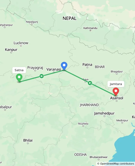 Route map showing distance and travel time from Satna, India to Jamtara, India