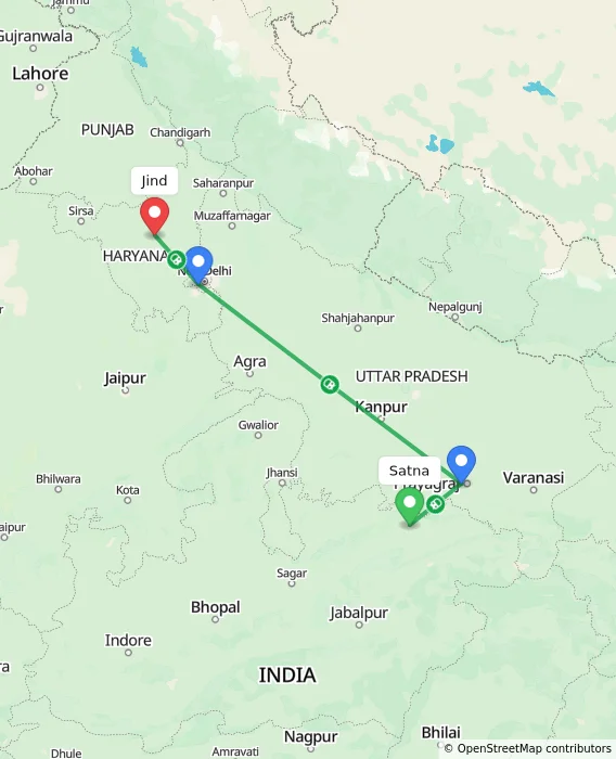 Route map showing distance and travel time from Satna, India to Jind, India