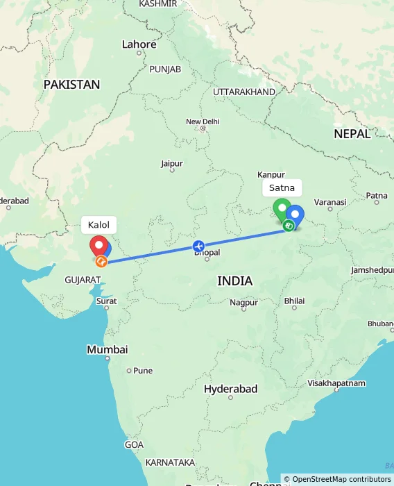 Route map showing distance and travel time from Satna, India to Kalol, India
