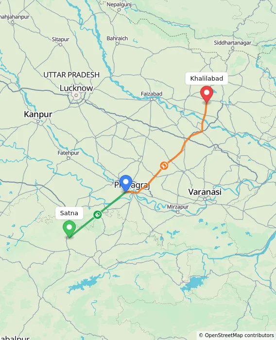 Route map showing distance and travel time from Satna, India to Khalilabad, India