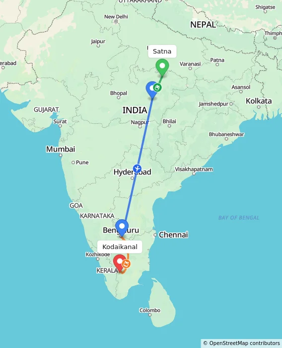 Route map showing distance and travel time from Satna, India to Kodaikanal, India
