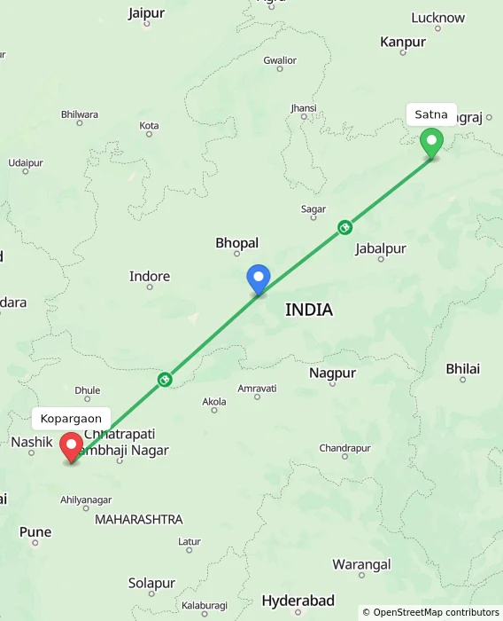 Route map showing distance and travel time from Satna, India to Kopargaon, India