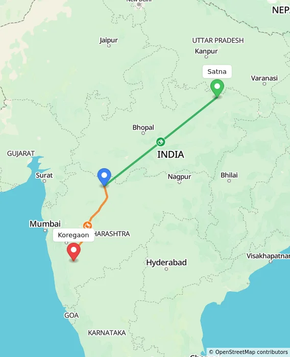 Route map showing distance and travel time from Satna, India to Koregaon, India