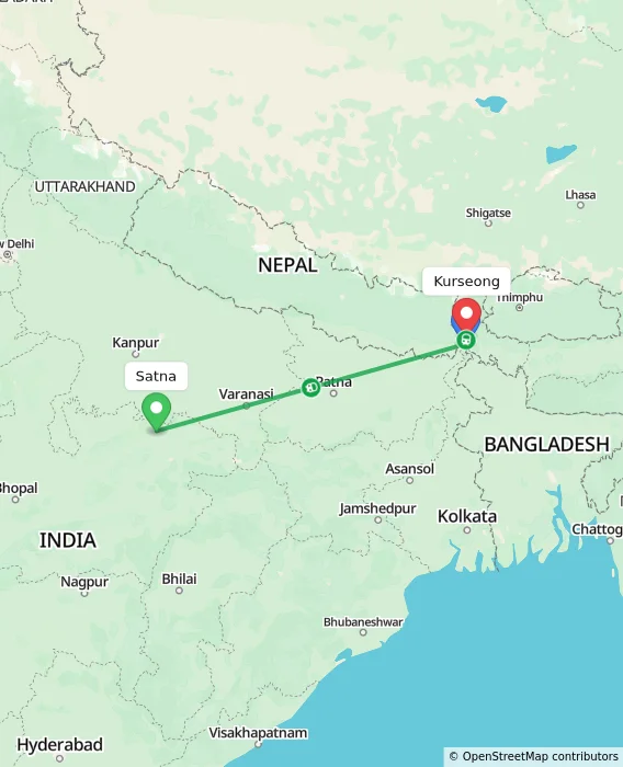 Route map showing distance and travel time from Satna, India to Kurseong, India