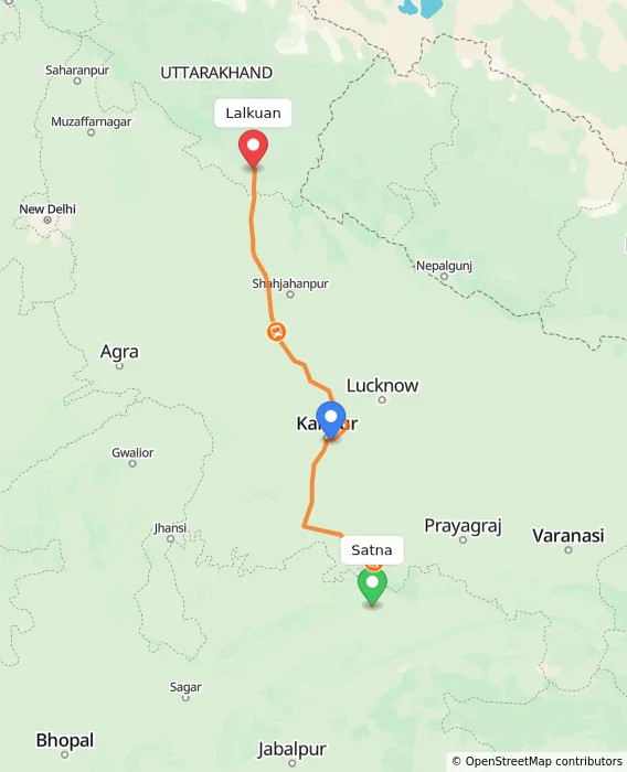 Route map showing distance and travel time from Satna, India to Lalkuan, India