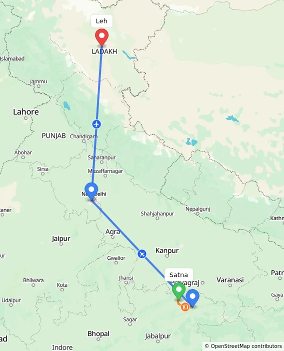 Route map showing distance and travel time from Satna, India to Leh, India