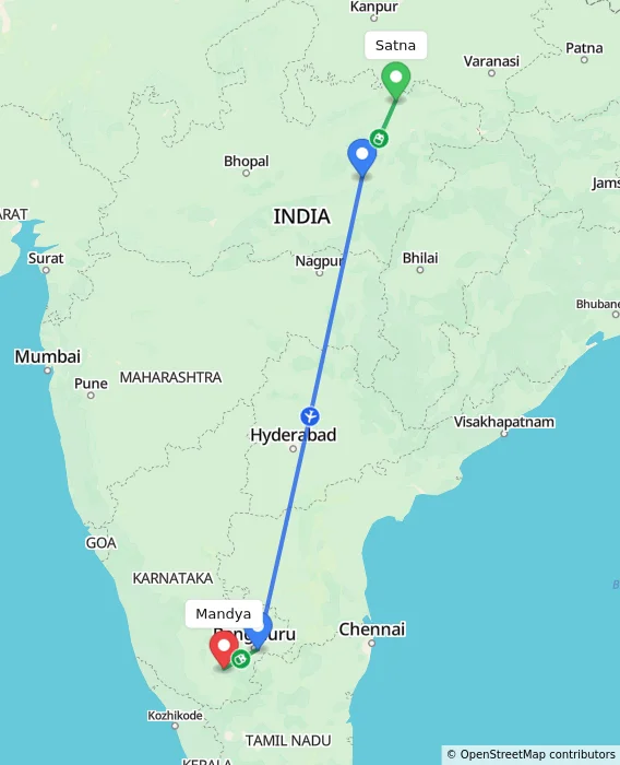 Route map showing distance and travel time from Satna, India to Mandya, India