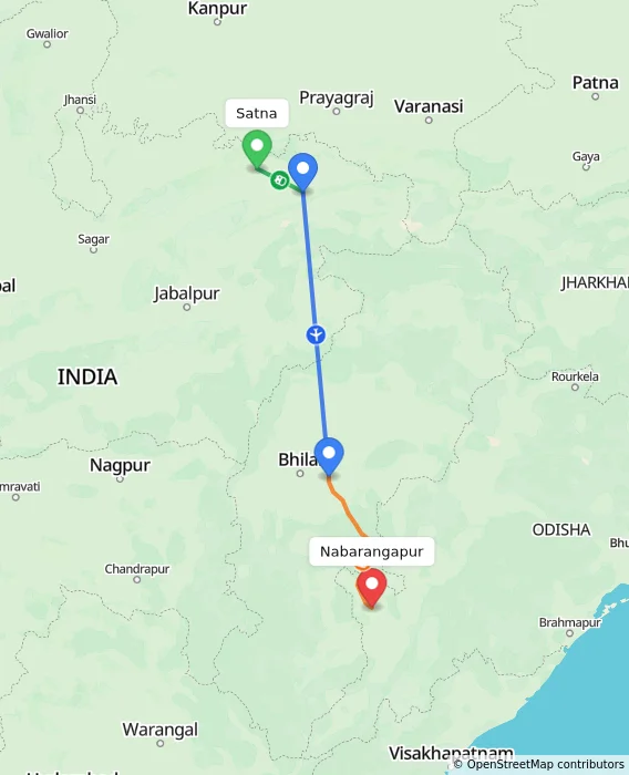 Route map showing distance and travel time from Satna, India to Nabarangapur, India
