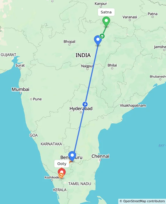 Route map showing distance and travel time from Satna, India to Ooty, India