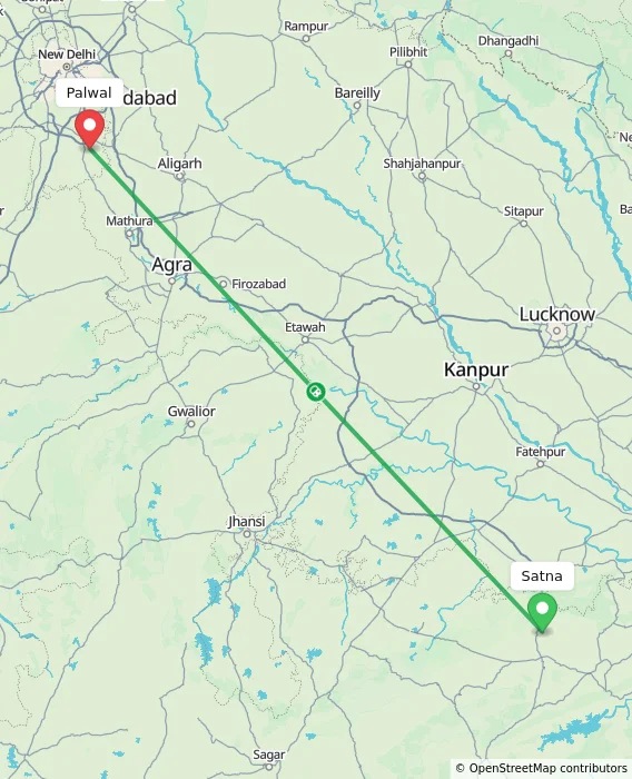 Route map showing distance and travel time from Satna, India to Palwal, India