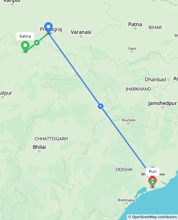 Route map showing distance and travel time from Satna, India to Puri, India