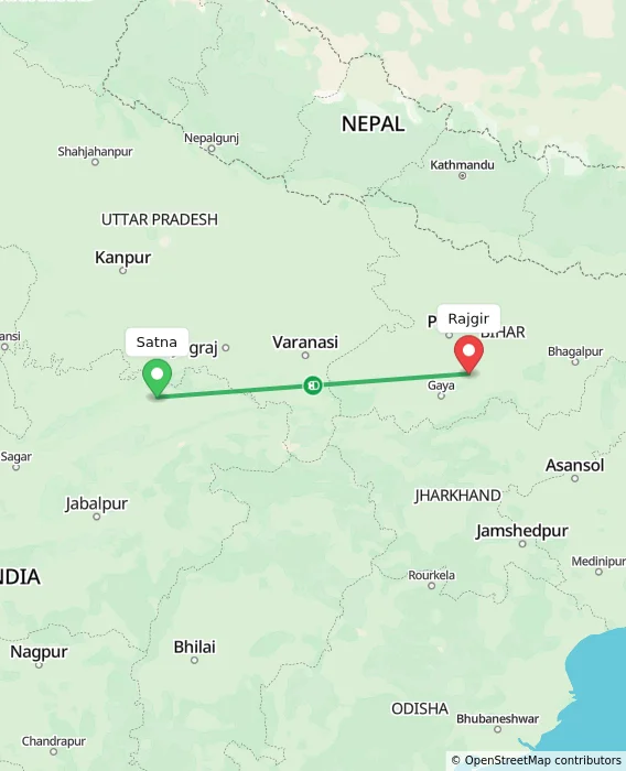 Route map showing distance and travel time from Satna, India to Rajgir, India