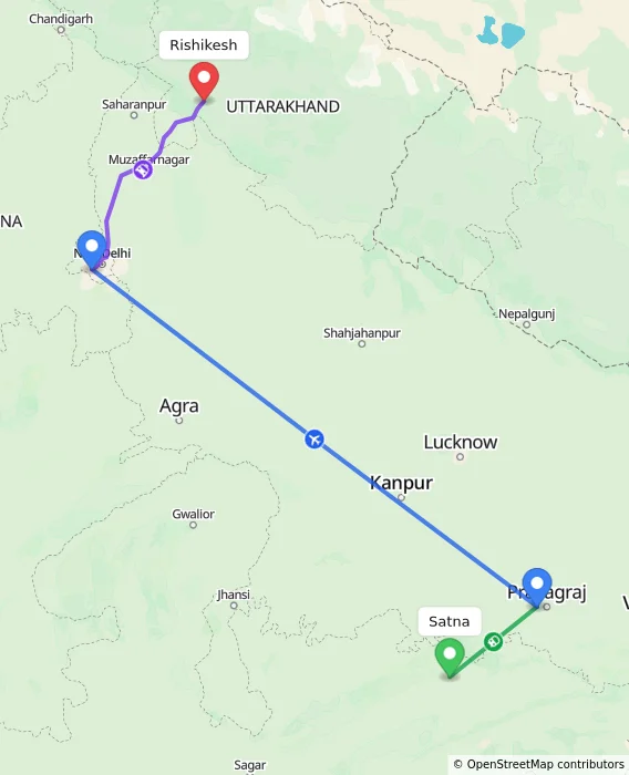 Route map showing distance and travel time from Satna, India to Rishikesh, India