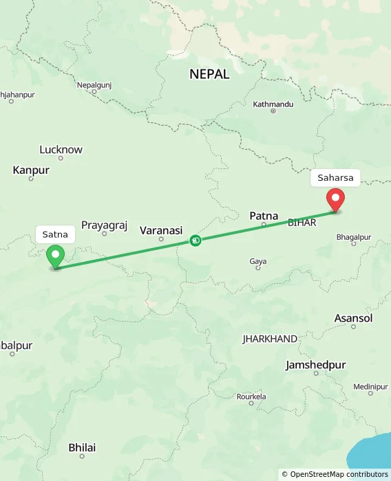 Route map showing distance and travel time from Satna, India to Saharsa, India