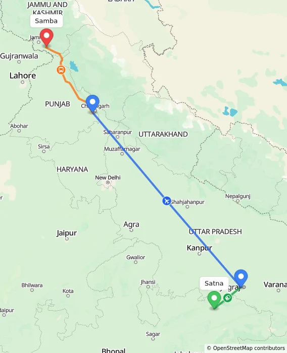 Route map showing distance and travel time from Satna, India to Samba, India