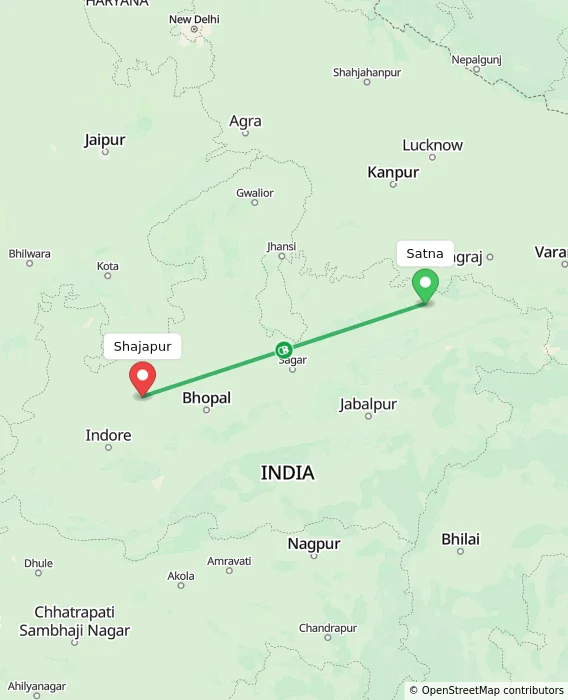 Route map showing distance and travel time from Satna, India to Shajapur, India