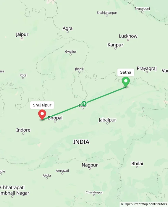 Route map showing distance and travel time from Satna, India to Shujalpur, India